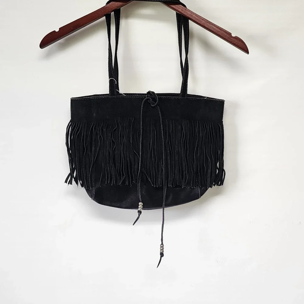 Nine West bag Suede Fringe Black BOHO PEASANT Aztec PRAIRIE‎ Cottagecore Hippie